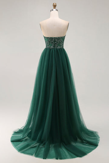 Dark Green Sequin Strapless A Line Long Prom Dress